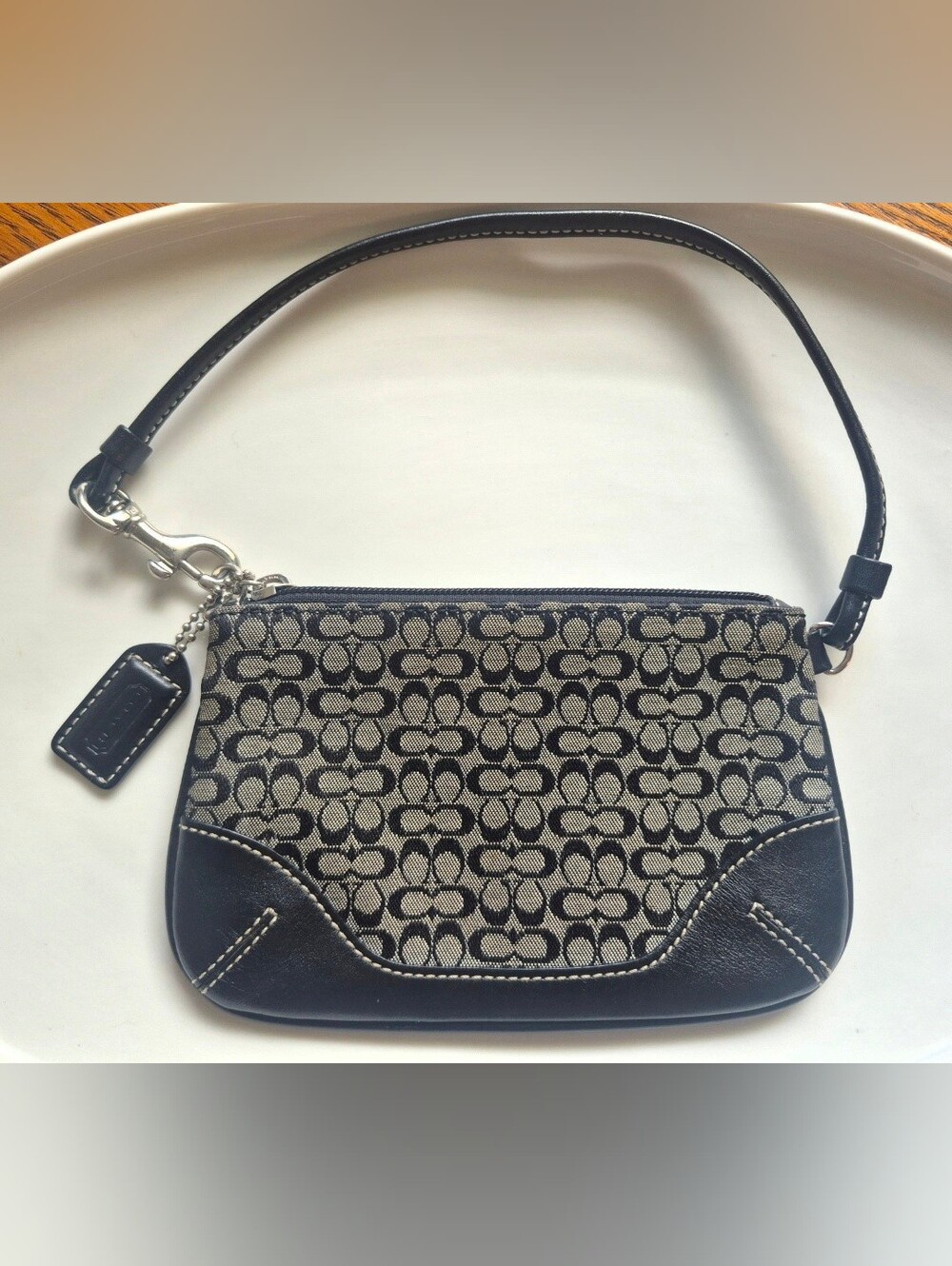 Coach Signature Jacquard Wristlet Wallet Card Holder With Leather Trim